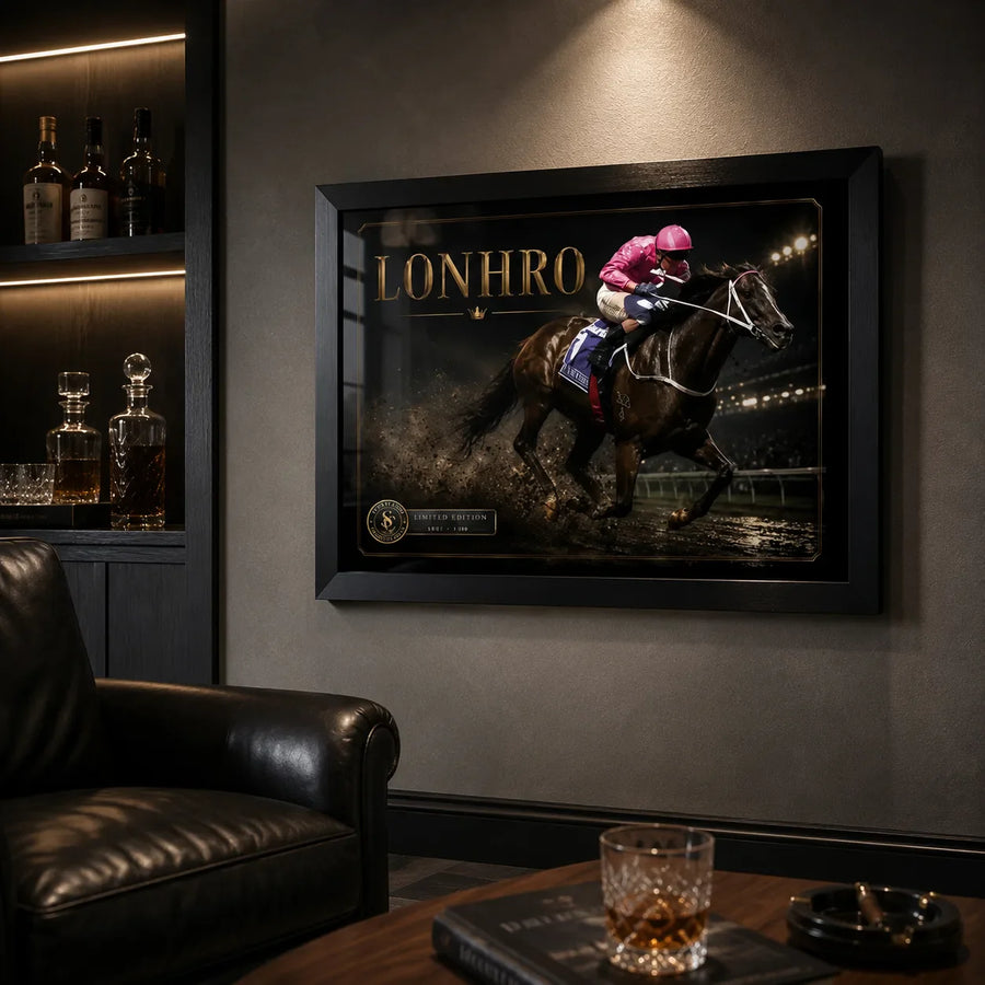 Black-framed Lonhro horse racing wall art mounted in a dark man cave beside leather seating and timber shelving.