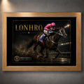 Lonhro horse racing wall art displayed in an oak frame against a textured grey wall with soft overhead lighting.