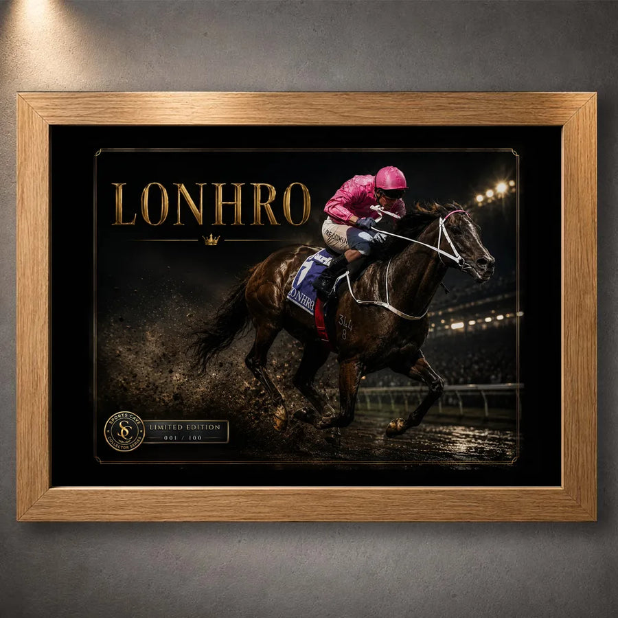 Lonhro horse racing wall art displayed in an oak frame against a textured grey wall with soft overhead lighting.