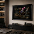 Black-framed Lonhro horse racing wall art displayed in a refined office above a low cabinet and dark timber desk.