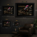 Lonhro horse racing wall art size guide showing small, medium, large and extra-large framed options in centimetres and inches.