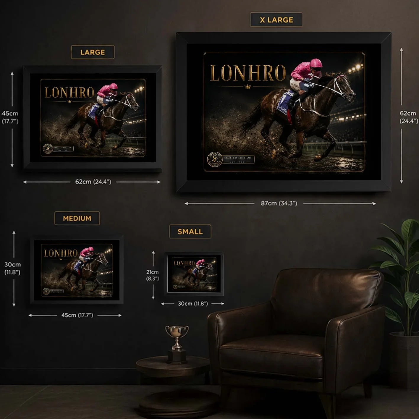 Lonhro horse racing wall art size guide showing small, medium, large and extra-large framed options in centimetres and inches.