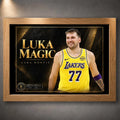 Luka Doncic Luka Magic NBA wall art in an oak frame, featuring his yellow Lakers number 77 jersey and gold lettering.