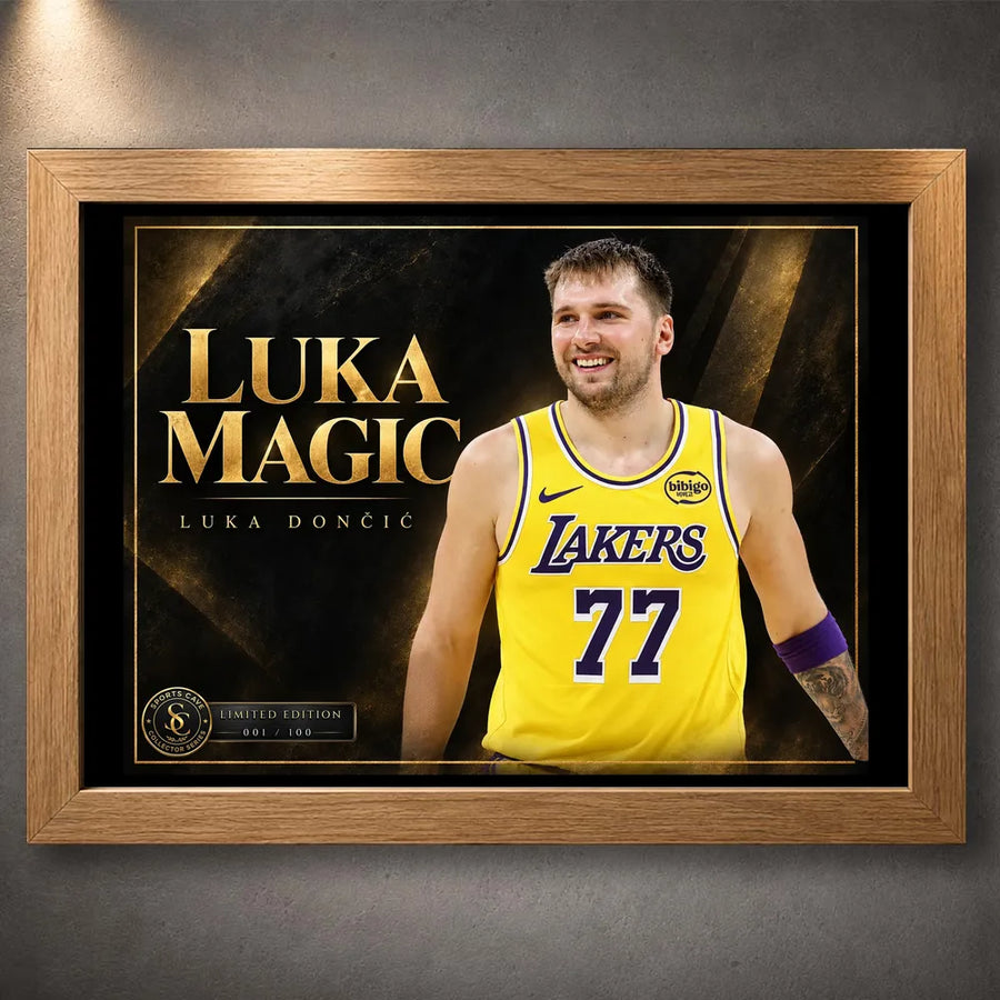 Luka Doncic Luka Magic NBA wall art in an oak frame, featuring his yellow Lakers number 77 jersey and gold lettering.