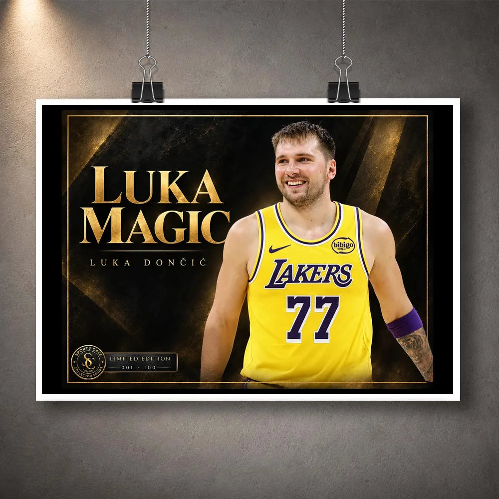 Unframed Luka Doncic Luka Magic NBA wall art displayed with hanging clips, featuring his Lakers jersey and gold title.