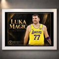 Luka Doncic Luka Magic NBA wall art in a white frame, showing his Lakers number 77 jersey within a black and gold design.