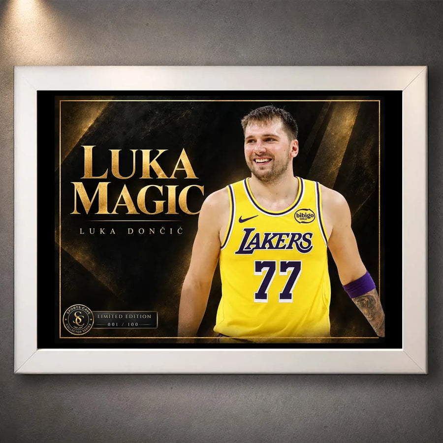Luka Doncic Luka Magic NBA wall art in a white frame, showing his Lakers number 77 jersey within a black and gold design.