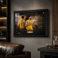 Luka Dončić black framed basketball wall art shown in a dark modern man cave with timber shelving.