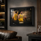 Luka Dončić black framed basketball wall art shown in a dark modern man cave with timber shelving.