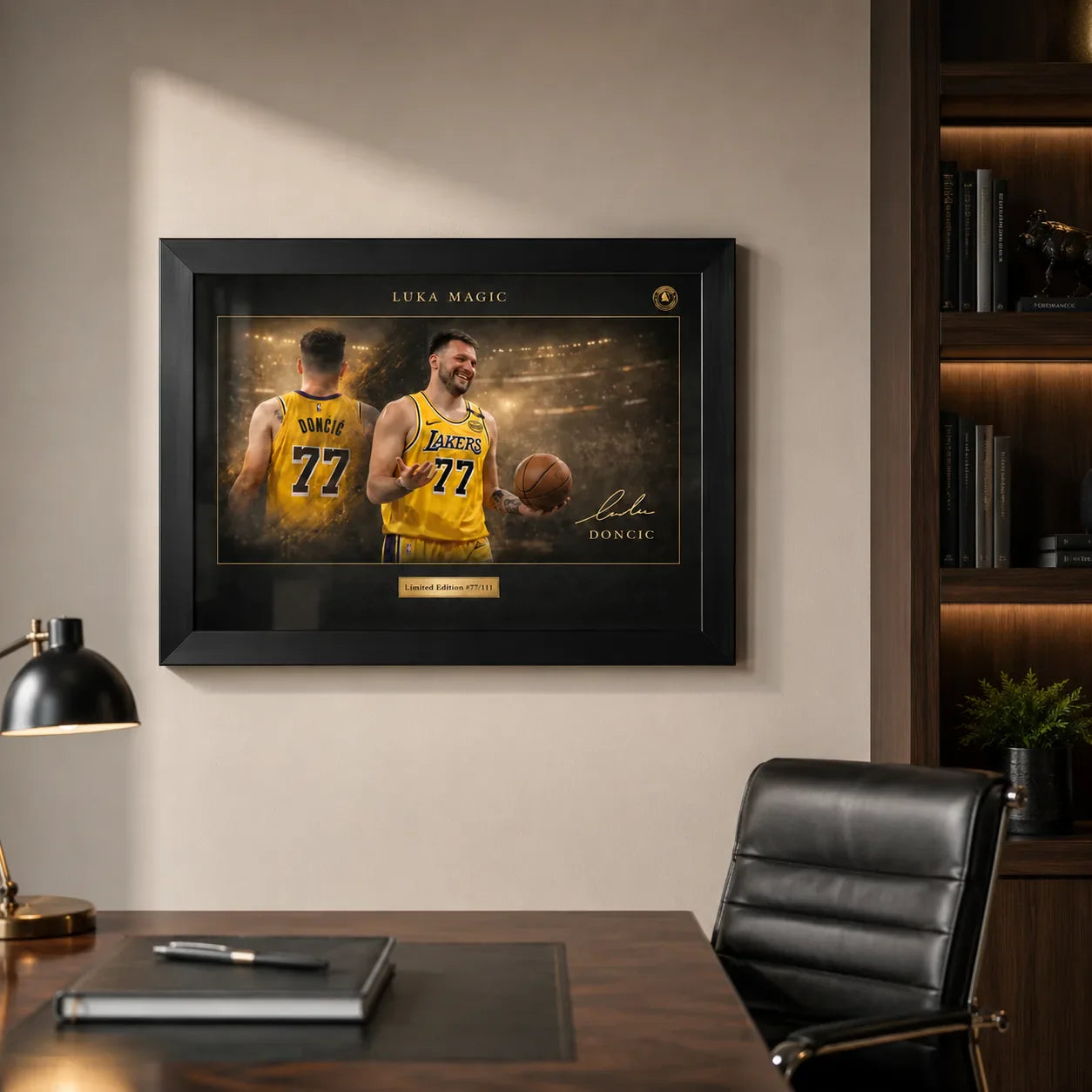 Luka Dončić Lakers framed NBA wall art displayed in a premium home office with warm timber details.