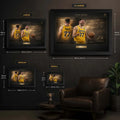 Luka Dončić framed basketball wall art size guide showing S, M, L and XL dimensions in cm and inches.