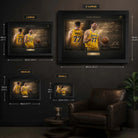 Luka Dončić framed basketball wall art size guide showing S, M, L and XL dimensions in cm and inches.