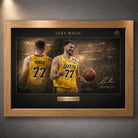 Luka Dončić Lakers artwork in natural oak frame, framed sports art with a warm timber finish.