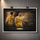 Unframed Luka Dončić Lakers basketball wall art print displayed with white border and hanging clips.