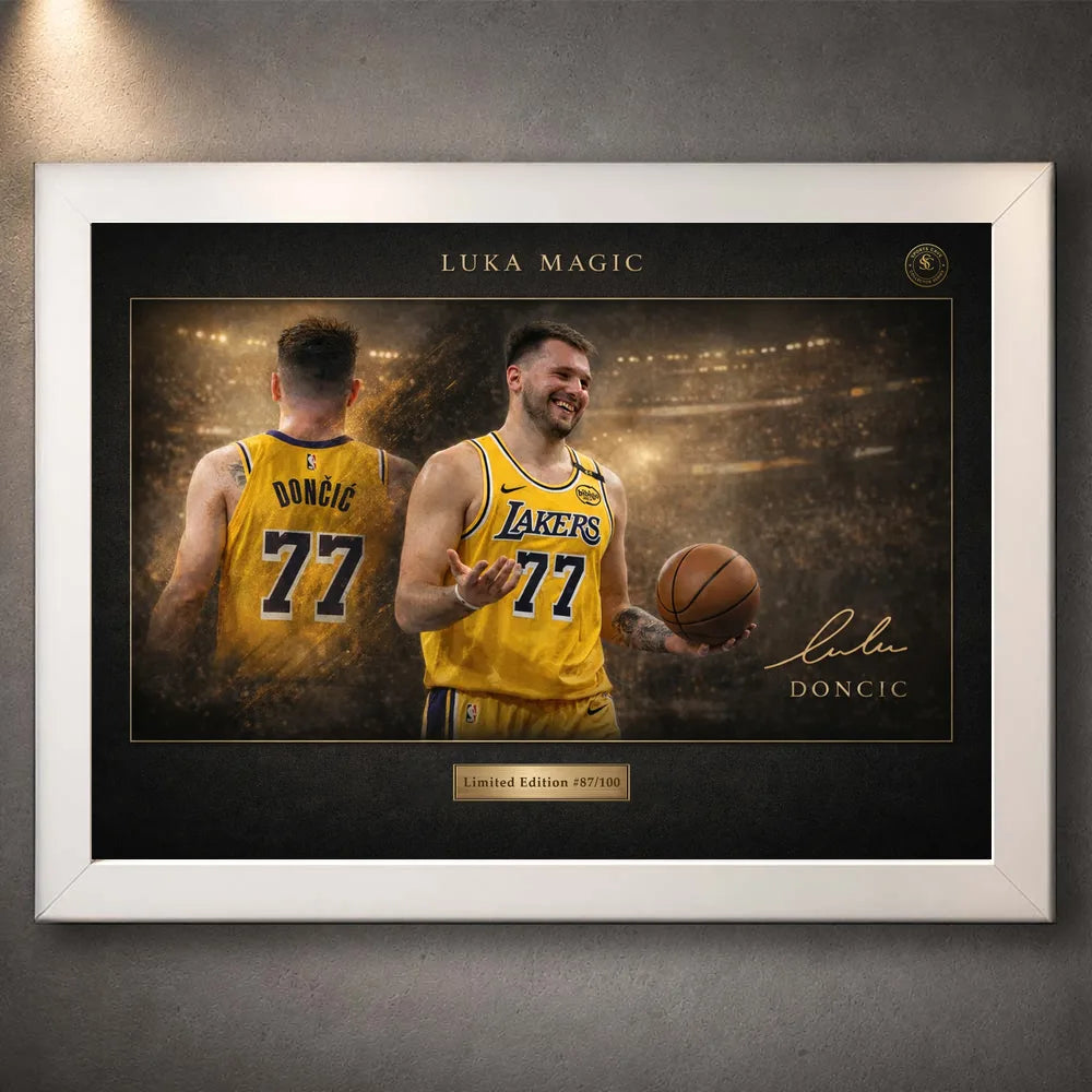 Luka Dončić Lakers artwork in sleek white frame, NBA wall art for modern basketball interiors.