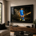 Mackenzie Arnold Matilda's sports wall art in a black frame displayed in a warm modern living room.