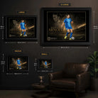 Mackenzie Arnold Matilda's sports wall art size guide showing Small, Medium, Large and XL framed dimensions.