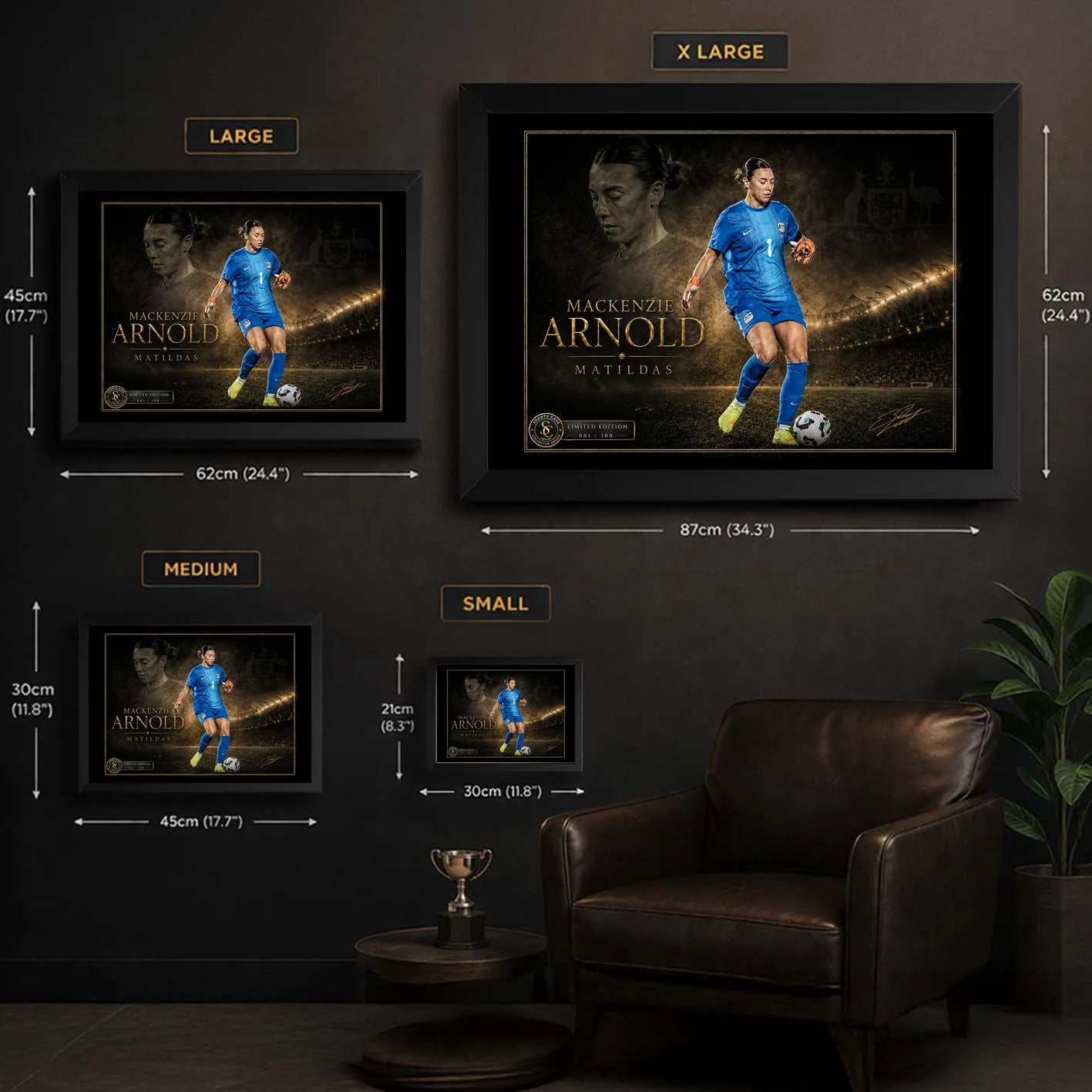 Mackenzie Arnold Matilda's sports wall art size guide showing Small, Medium, Large and XL framed dimensions.