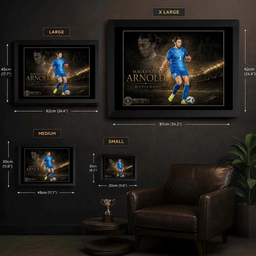 Mackenzie Arnold Matilda's sports wall art size guide showing Small, Medium, Large and XL framed dimensions.
