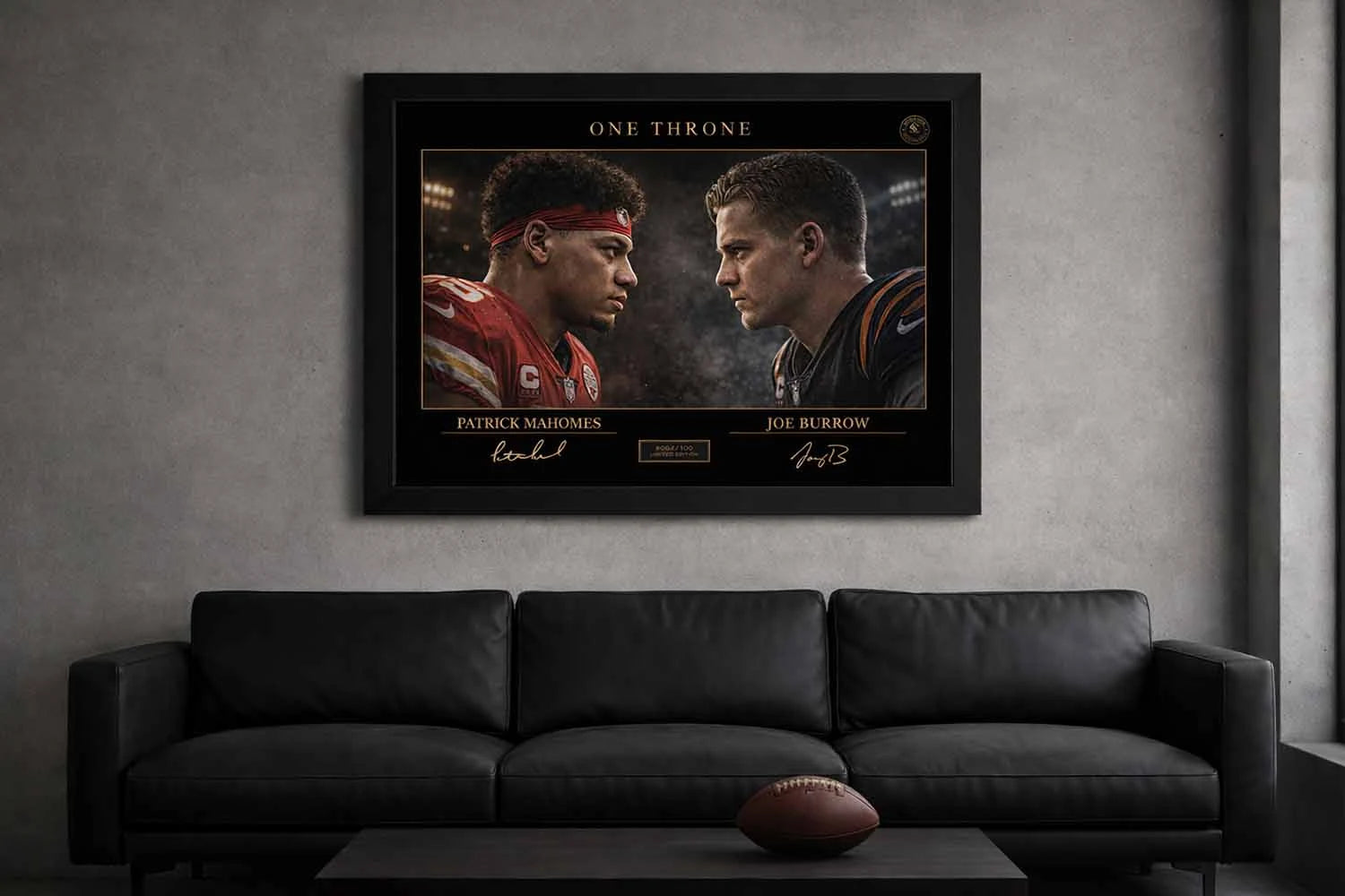 Black framed Mahomes vs Burrow wall piece above sofa, clean man cave wall décor with premium NFL rivalry focus