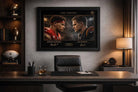 Mahomes vs Burrow framed artwork in executive office setting, premium sports collectibles showcasing elite NFL rivalry
