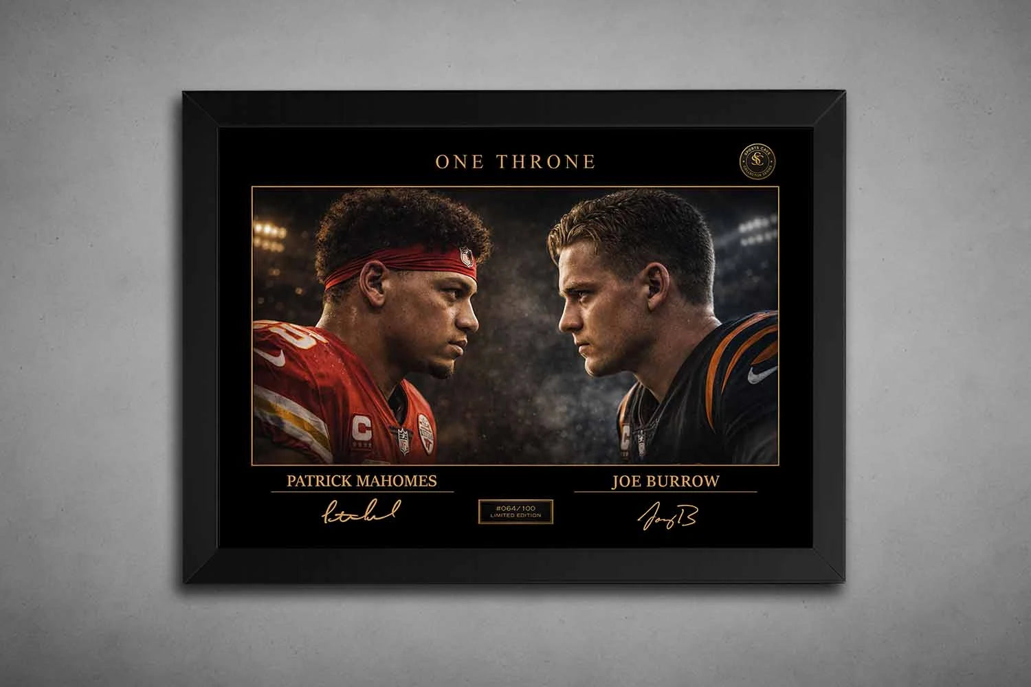 Mahomes vs Burrow rivalry artwork in matte black frame, bold sports wall art capturing NFL quarterback dominance