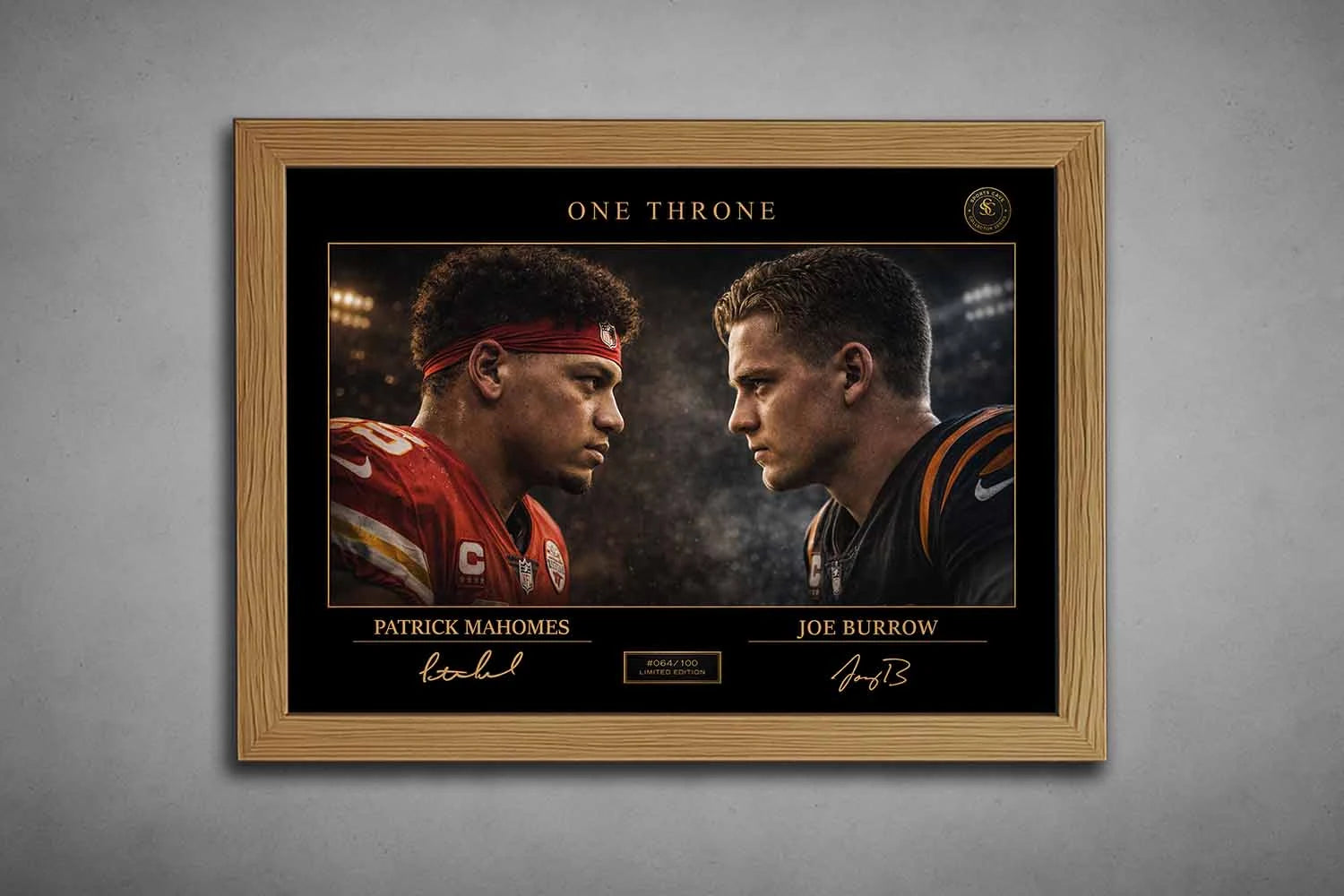 Mahomes vs Burrow “One Throne” artwork in oak frame, refined sports art prints for premium NFL collector interiors