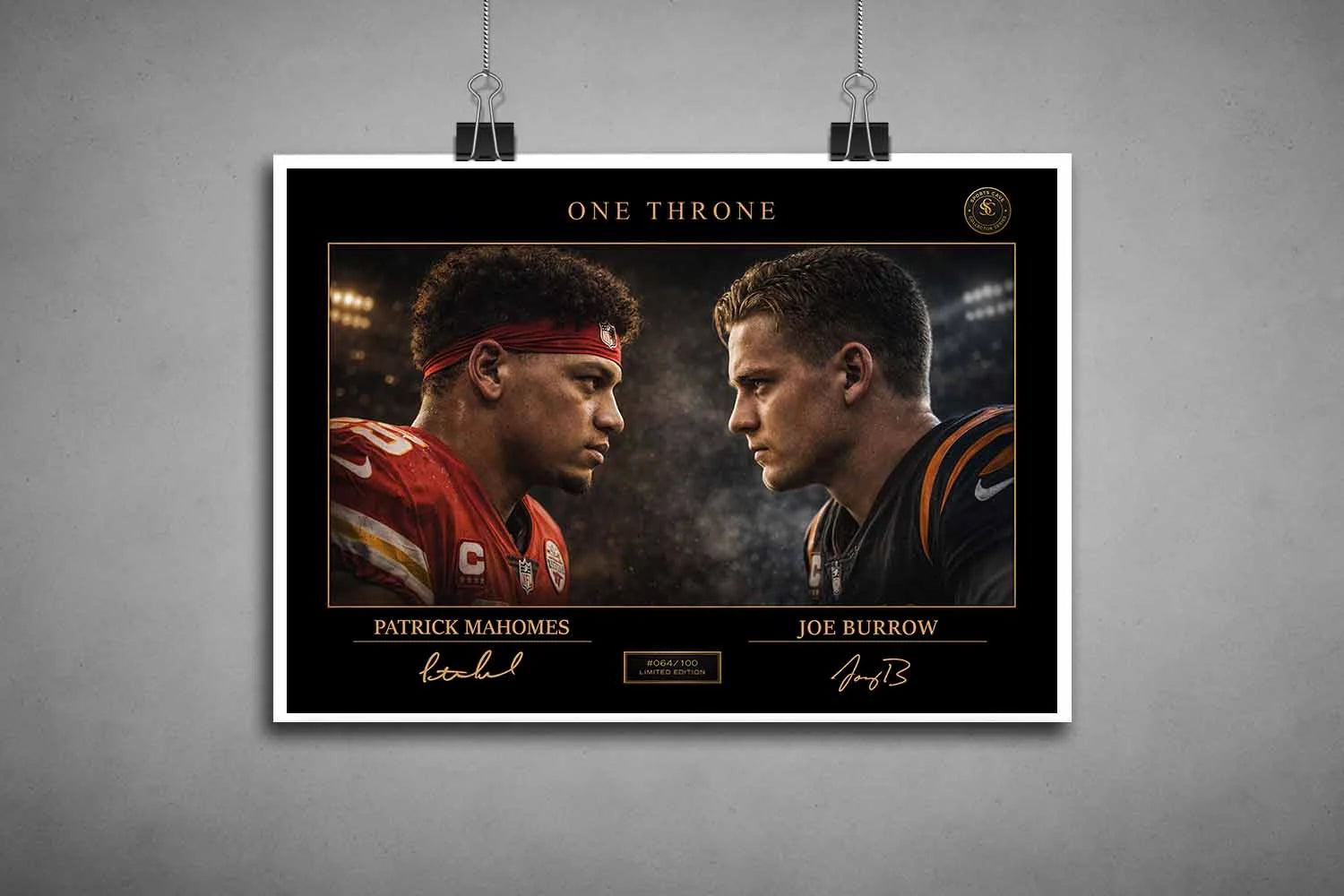 Unframed Mahomes vs Burrow artwork featuring intense faceoff, high-quality sports wall art for NFL fans and collectors