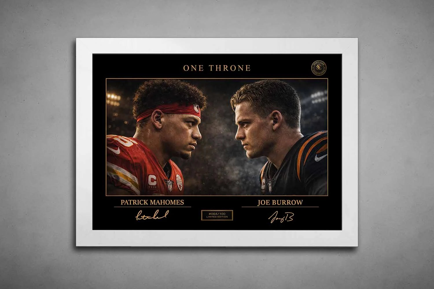 Patrick Mahomes vs Joe Burrow “One Throne” artwork in white frame, premium framed sports art for modern NFL collectors