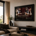 Steve Menzies and Cliff Lyons rugby league wall art displayed in a warm living room with a black frame.