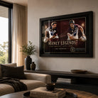 Steve Menzies and Cliff Lyons rugby league wall art displayed in a warm living room with a black frame.
