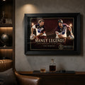 Steve Menzies and Cliff Lyons wall art displayed in a dark man cave setting for dedicated Manly rugby league fans.