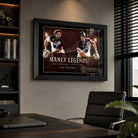 Manly Legends Steve Menzies and Cliff Lyons wall art displayed in a modern office with a black frame.