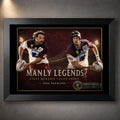 Black framed Steve Menzies and Cliff Lyons rugby league wall art featuring the Manly Legends 1996 premiership tribute.
