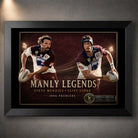 Black framed Steve Menzies and Cliff Lyons rugby league wall art featuring the Manly Legends 1996 premiership tribute.