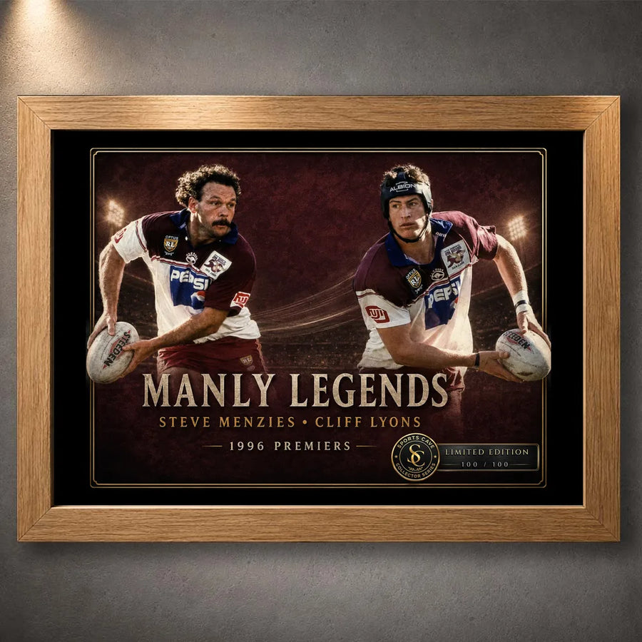 Oak framed Steve Menzies and Cliff Lyons wall art featuring the Manly Legends 1996 premiership tribute.