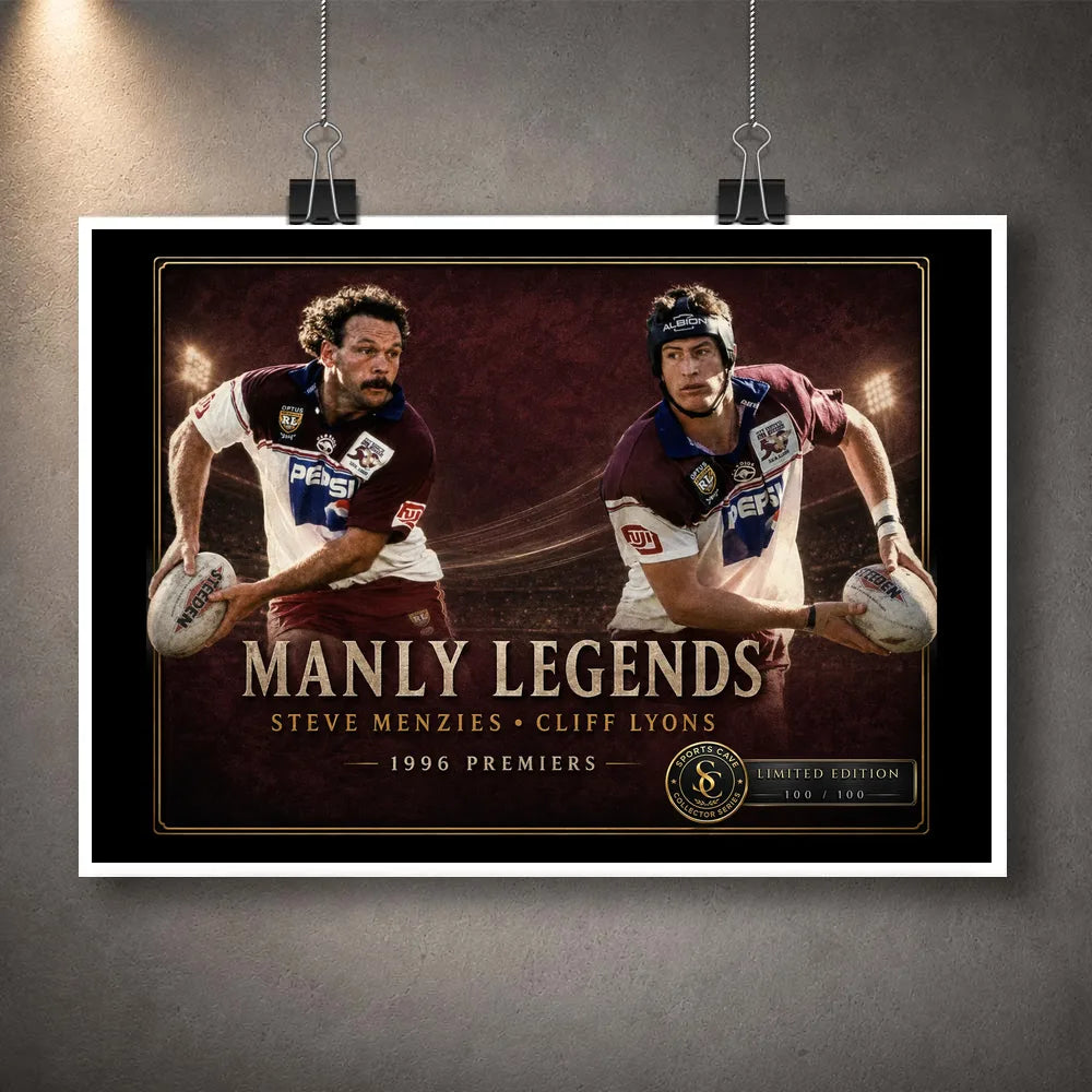 Unframed Steve Menzies and Cliff Lyons rugby league wall art design featuring the Manly Legends 1996 premiership tribute.