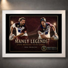 White framed Steve Menzies and Cliff Lyons wall art featuring the Manly Legends 1996 premiership tribute.