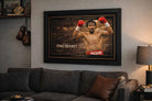 Manny Pacquiao “The People’s Champion” framed boxing artwork displayed above sofa in a modern man cave wall décor setup.
