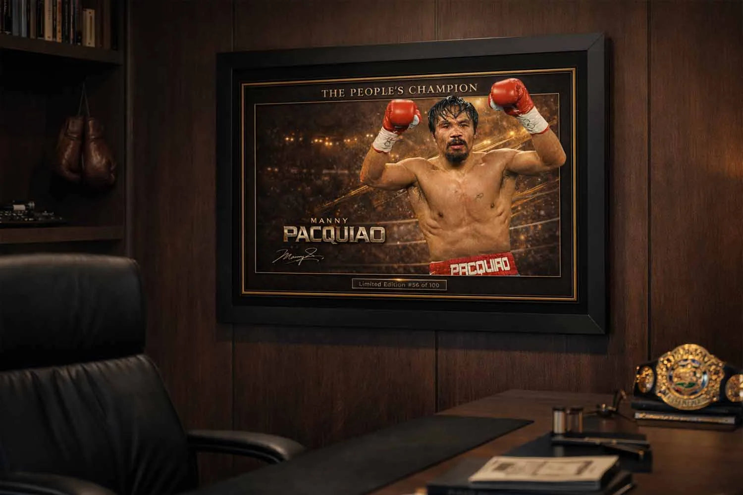 Manny Pacquiao “The People’s Champion” framed boxing artwork displayed in a luxury office with framed sports memorabilia.