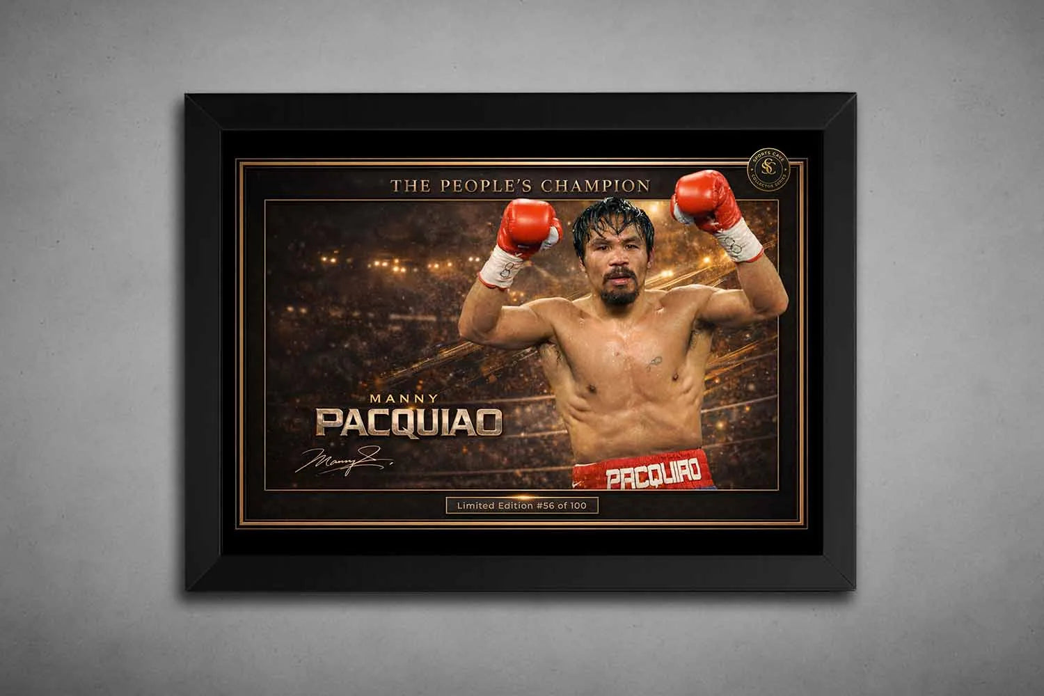 Black framed Manny Pacquiao “The People’s Champion” boxing artwork with gold accents, premium sports collectibles display.