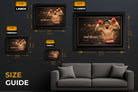 Size guide showing Manny Pacquiao “The People’s Champion” boxing artwork in multiple frame sizes for sports wall art displays.