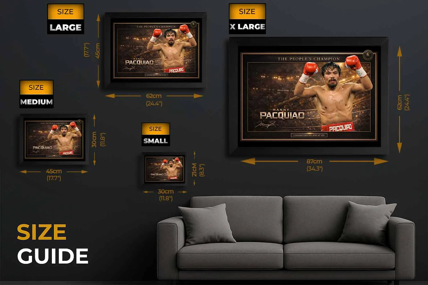 Size guide showing Manny Pacquiao “The People’s Champion” boxing artwork in multiple frame sizes for sports wall art displays.