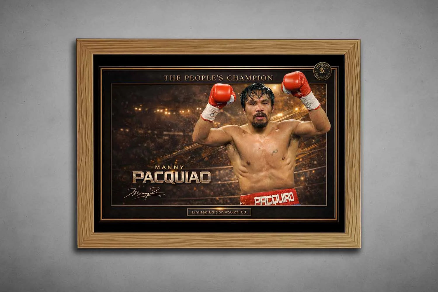 Oak framed Manny Pacquiao “The People’s Champion” boxing artwork with gold trim, elegant framed sports art for collectors.