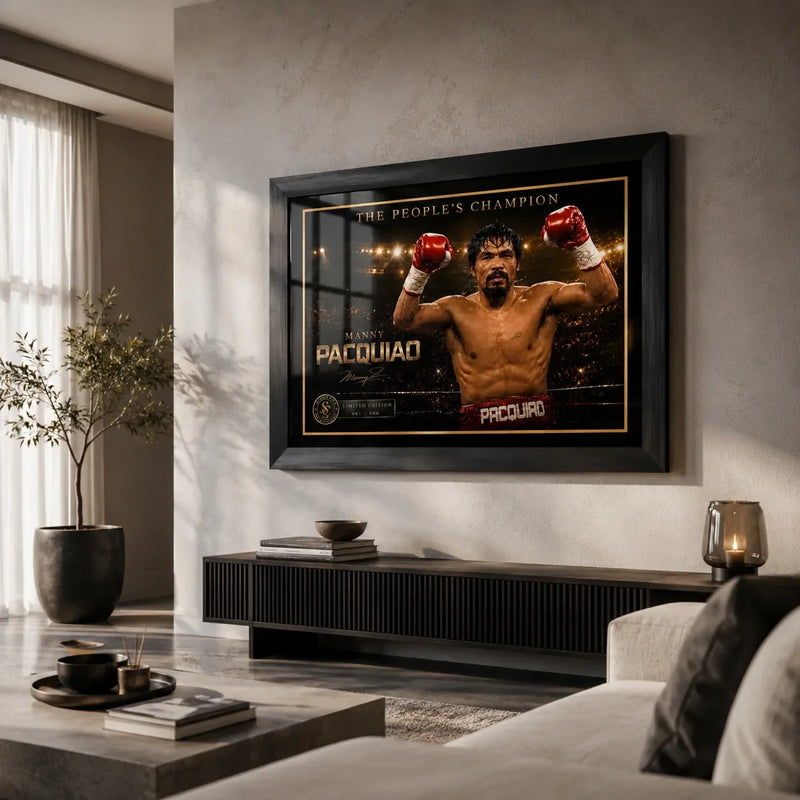 Manny Pacquiao boxing wall art in a black frame above a console in a bright modern living room with soft natural light.