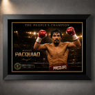 Black framed Manny Pacquiao “The People’s Champion” boxing wall art with raised gloves, arena lights and gold detailing.