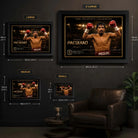 Manny Pacquiao boxing wall art size guide showing Small, Medium, Large and XL framed dimensions in centimetres and inches.