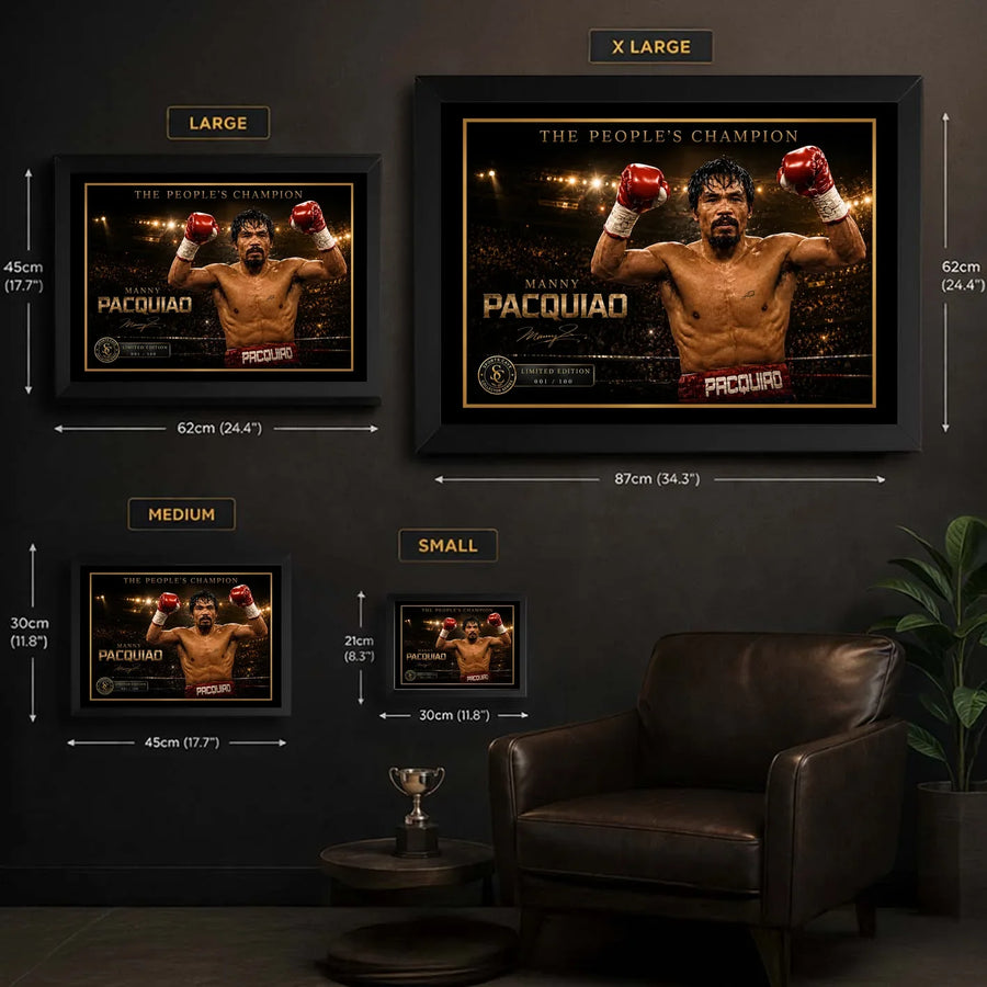 Manny Pacquiao boxing wall art size guide showing Small, Medium, Large and XL framed dimensions in centimetres and inches.