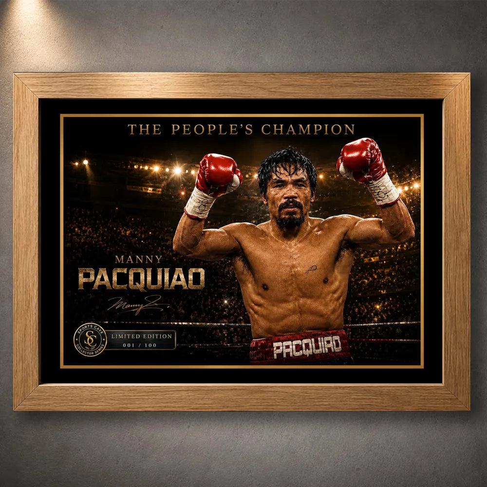 Oak framed Manny Pacquiao “The People’s Champion” boxing wall art with raised gloves, gold trim and arena lighting.
