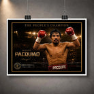Unframed Manny Pacquiao “The People’s Champion” boxing wall art print with raised gloves, gold detailing and arena lights.